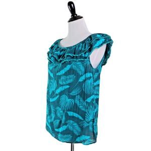 Boden US 8 Hettie Off Shoulder Blouse Ruffle Jungle Woodland Teal